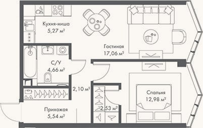 Планировка: 2-к, 50,1 м²