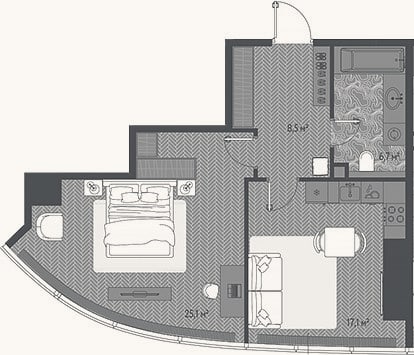 Планировка: 2-к, 57,4 м²