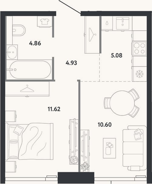 Планировка: 1-к, 37,1 м²