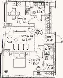 Планировка: 2-к, 61 м²
