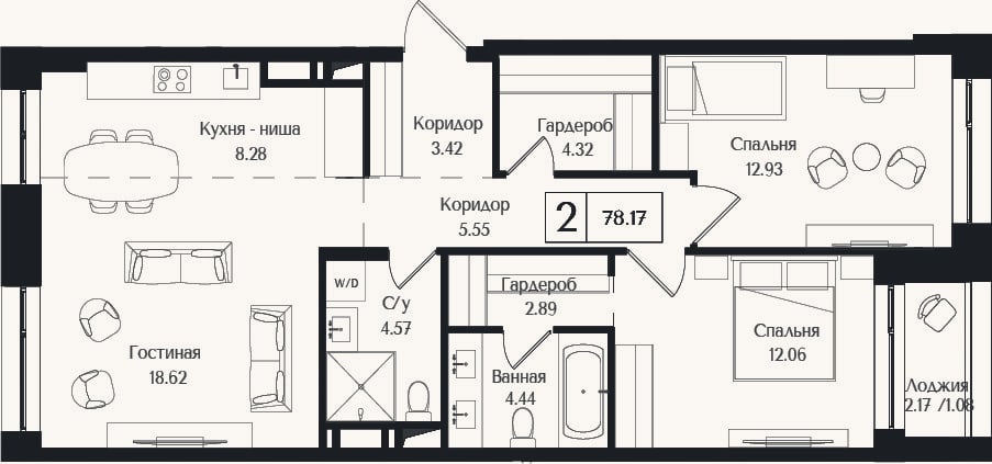 Планировка: 3-к, 77,1 м²