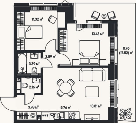 Планировка: 3-к, 57,5 м²