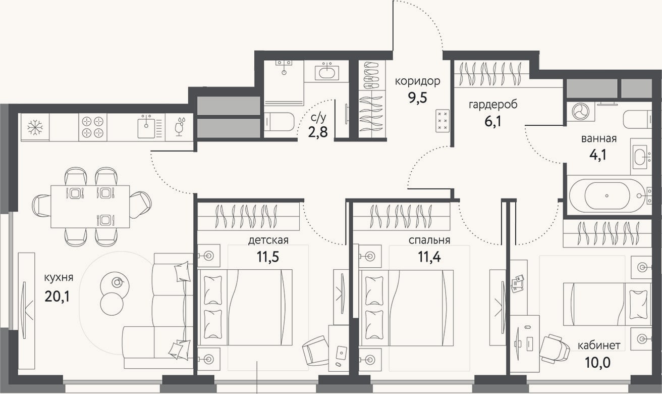 Планировка: 3-к, 75,4 м²