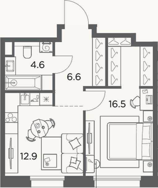 Планировка: 1-к, 40,6 м²