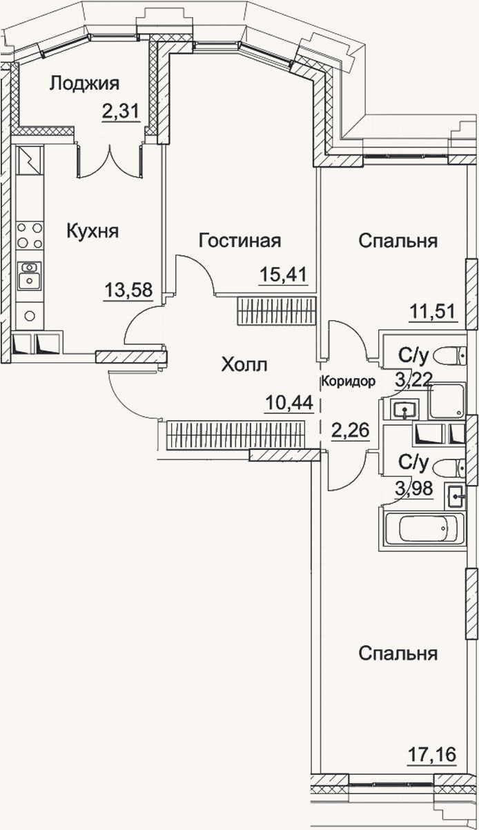 Планировка: 3-к, 77,6 м²