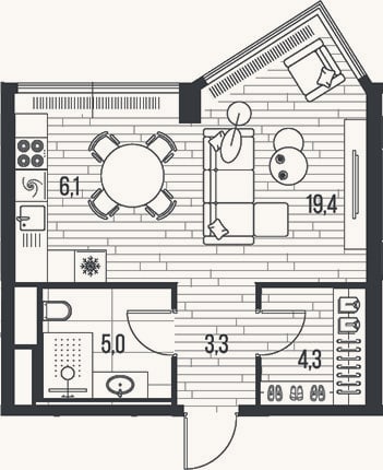 Планировка: Студия, 38,1 м²