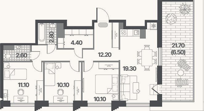 Планировка: 4+ к, 72,6 м²