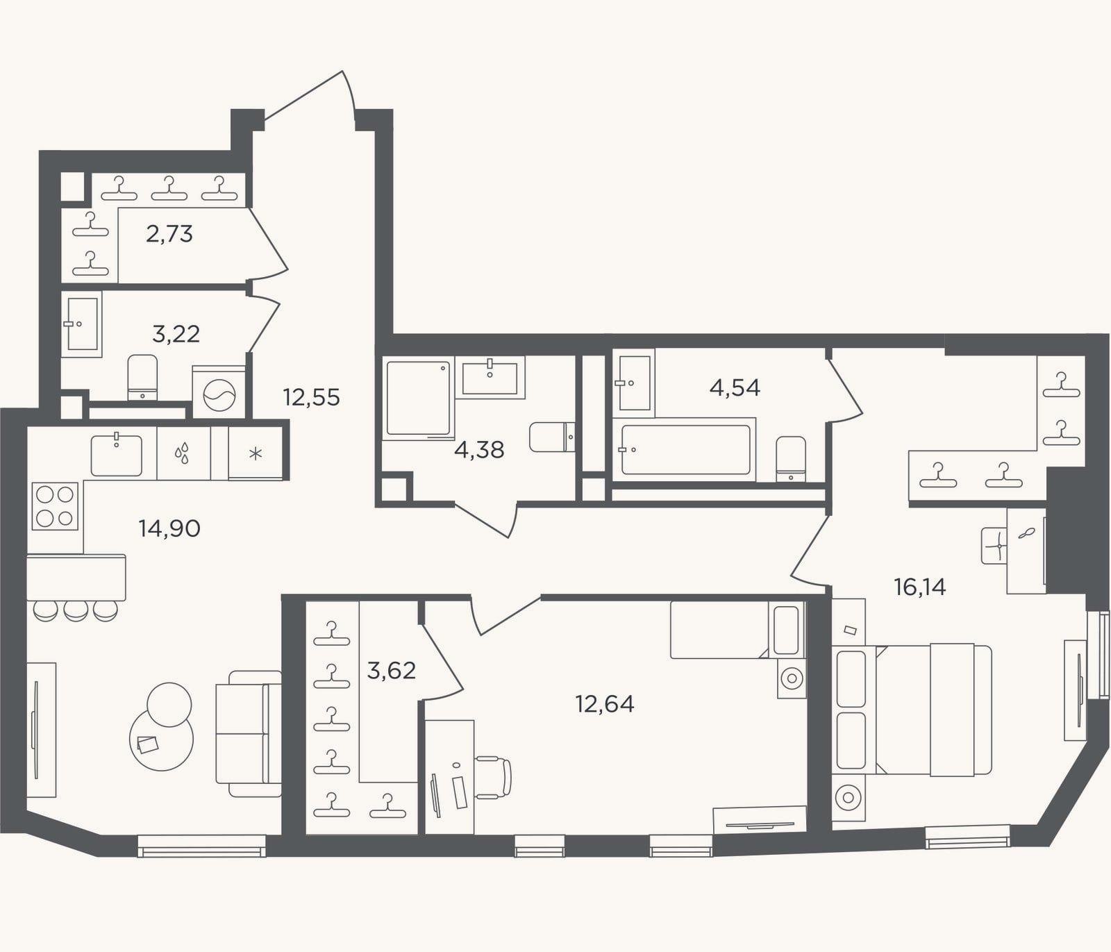 Планировка: 2-к, 74,7 м²