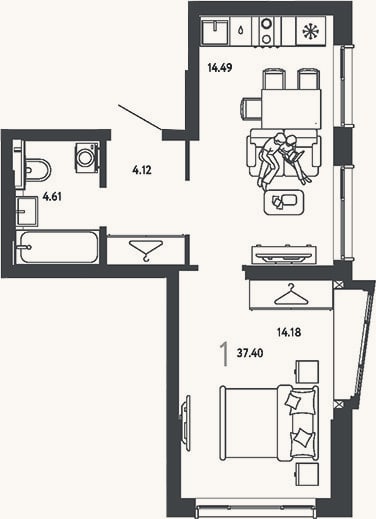 Планировка: 1-к, 37,4 м²