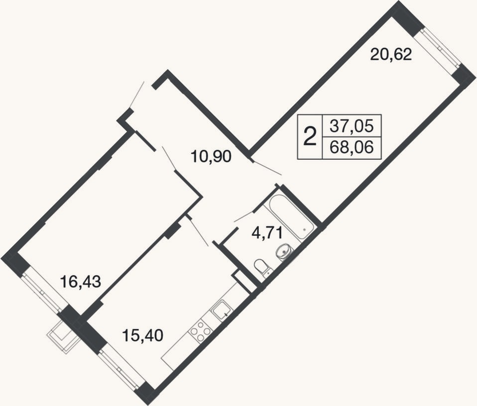 Планировка: 2-к, 68,1 м²