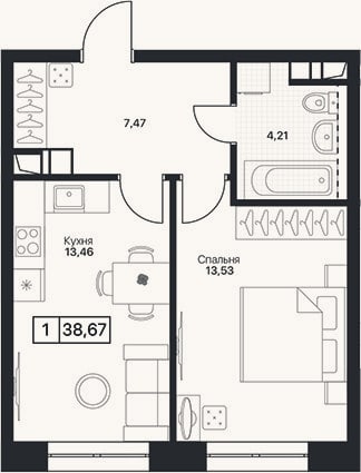 Планировка: 1-к, 38,7 м²