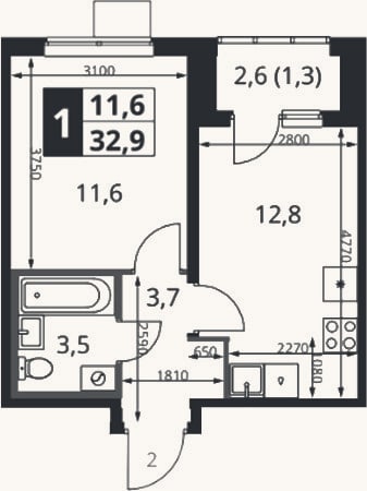 Планировка: 1-к, 32,2 м²