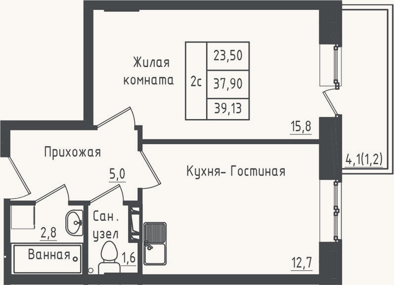 Планировка: 1-к, 37,9 м²