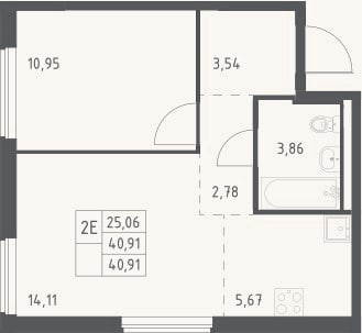 Планировка: 2-к, 40,9 м²
