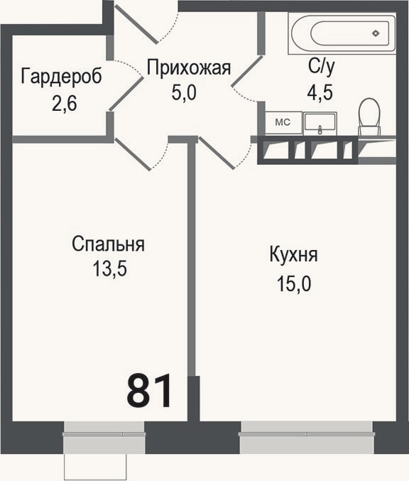Планировка: 1-к, 40,6 м²