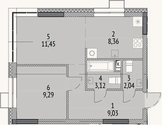 Планировка: 2-к, 43,3 м²