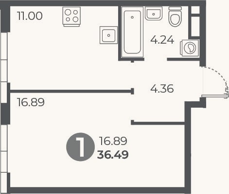 Планировка: 1-к, 36,5 м²