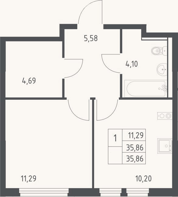Планировка: 1-к, 35,9 м²