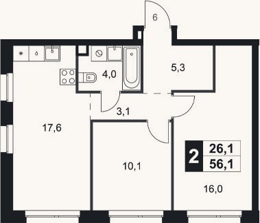 Планировка: 2-к, 56,1 м²