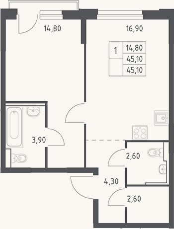 Планировка: 2-к, 45,1 м²
