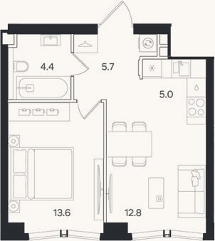 Планировка: 2-к, 41,5 м²