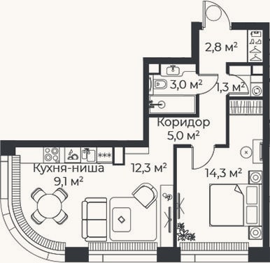 Планировка: 2-к, 47,9 м²