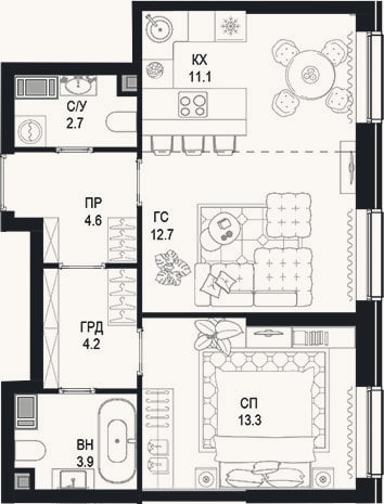 Планировка: 2-к, 52,5 м²