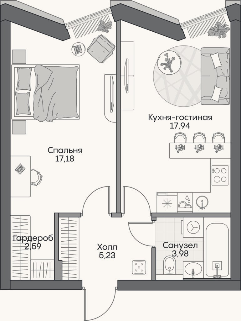 Планировка: 2-к, 46 м²
