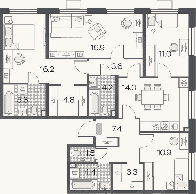 Планировка: 4+ к, 103,5 м²