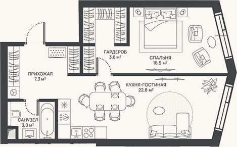 Планировка: 2-к, 54,2 м²