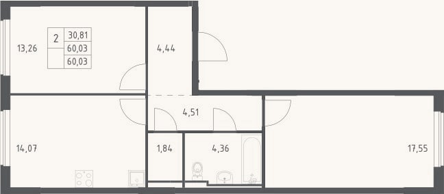 Планировка: 2-к, 60 м²