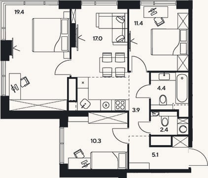 Планировка: 4+ к, 73,9 м²