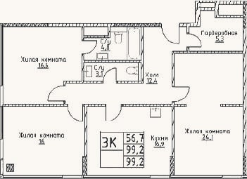 Планировка: 3-к, 99,2 м²