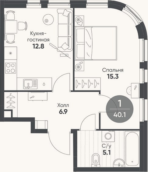 Планировка: 2-к, 40,1 м²