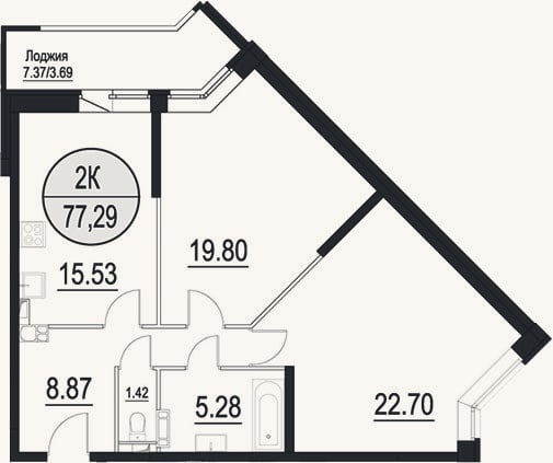 Планировка: 3-к, 73,6 м²