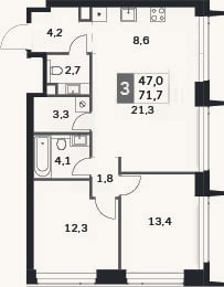 Планировка: 3-к, 71,7 м²