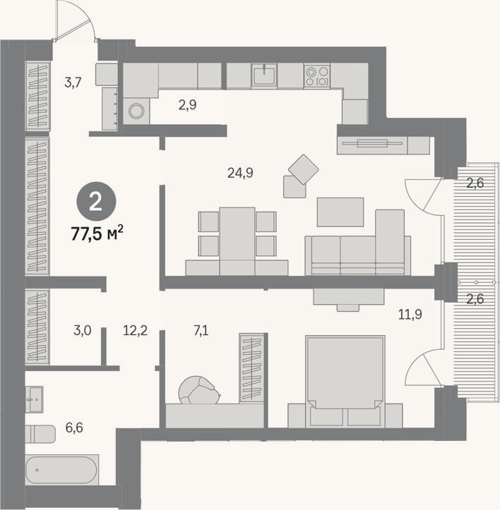 Планировка: 2-к, 72,3 м²