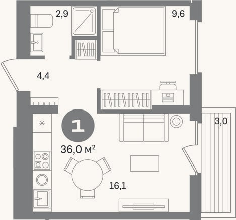 Планировка: 1-к, 33 м²