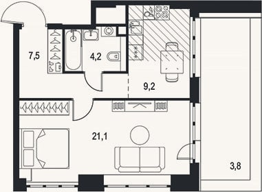 Планировка: 1-к, 42 м²