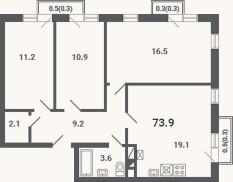Планировка: 3-к, 72,6 м²
