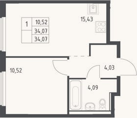 Планировка: 2-к, 34,1 м²