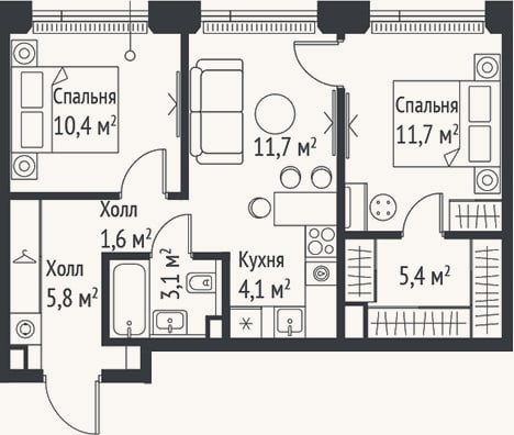 Планировка: 3-к, 53,8 м²