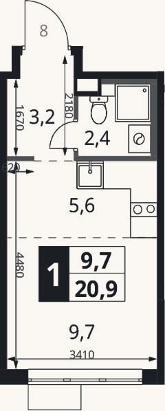 Планировка: Студия, 20,9 м²