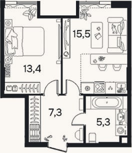 Планировка: 1-к, 41,5 м²