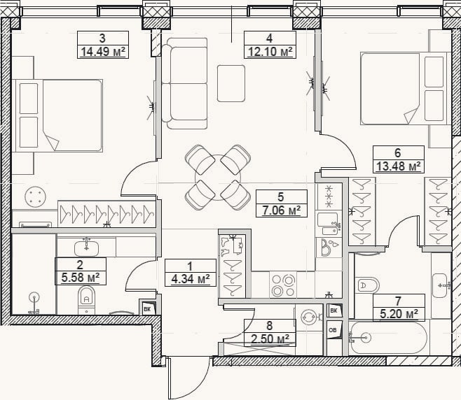 Планировка: 3-к, 64,8 м²