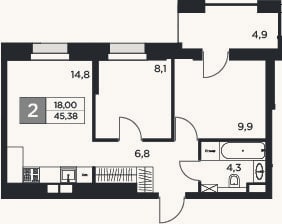 Планировка: 2-к, 43,9 м²