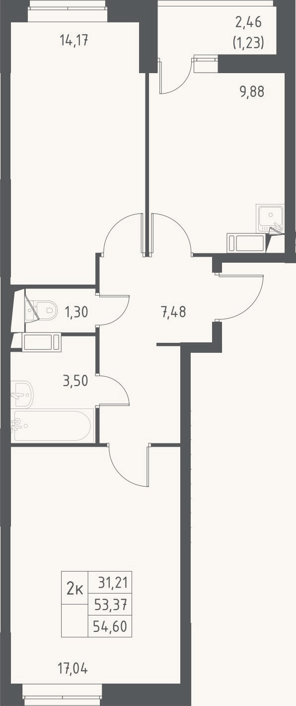 Планировка: 2-к, 53,4 м²