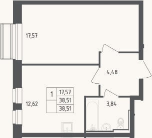 Планировка: 1-к, 38,5 м²