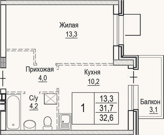 Планировка: 1-к, 31,7 м²
