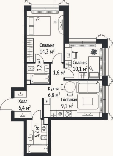 Планировка: 3-к, 56,6 м²